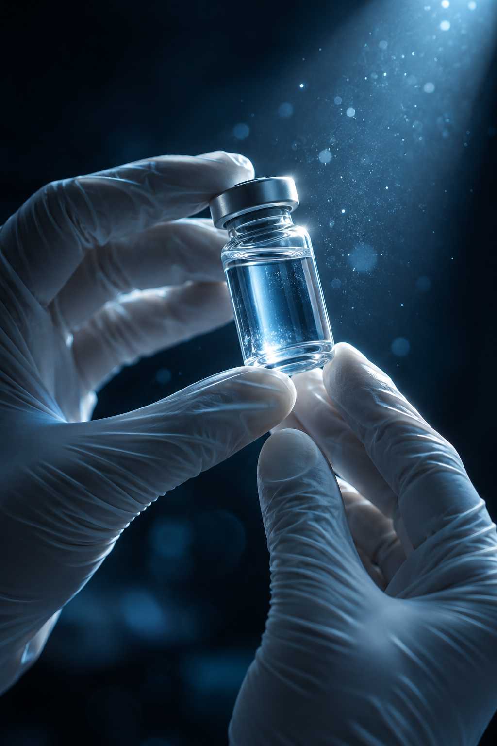 Mãos com luvas segurando frasco de vidro contra a luz