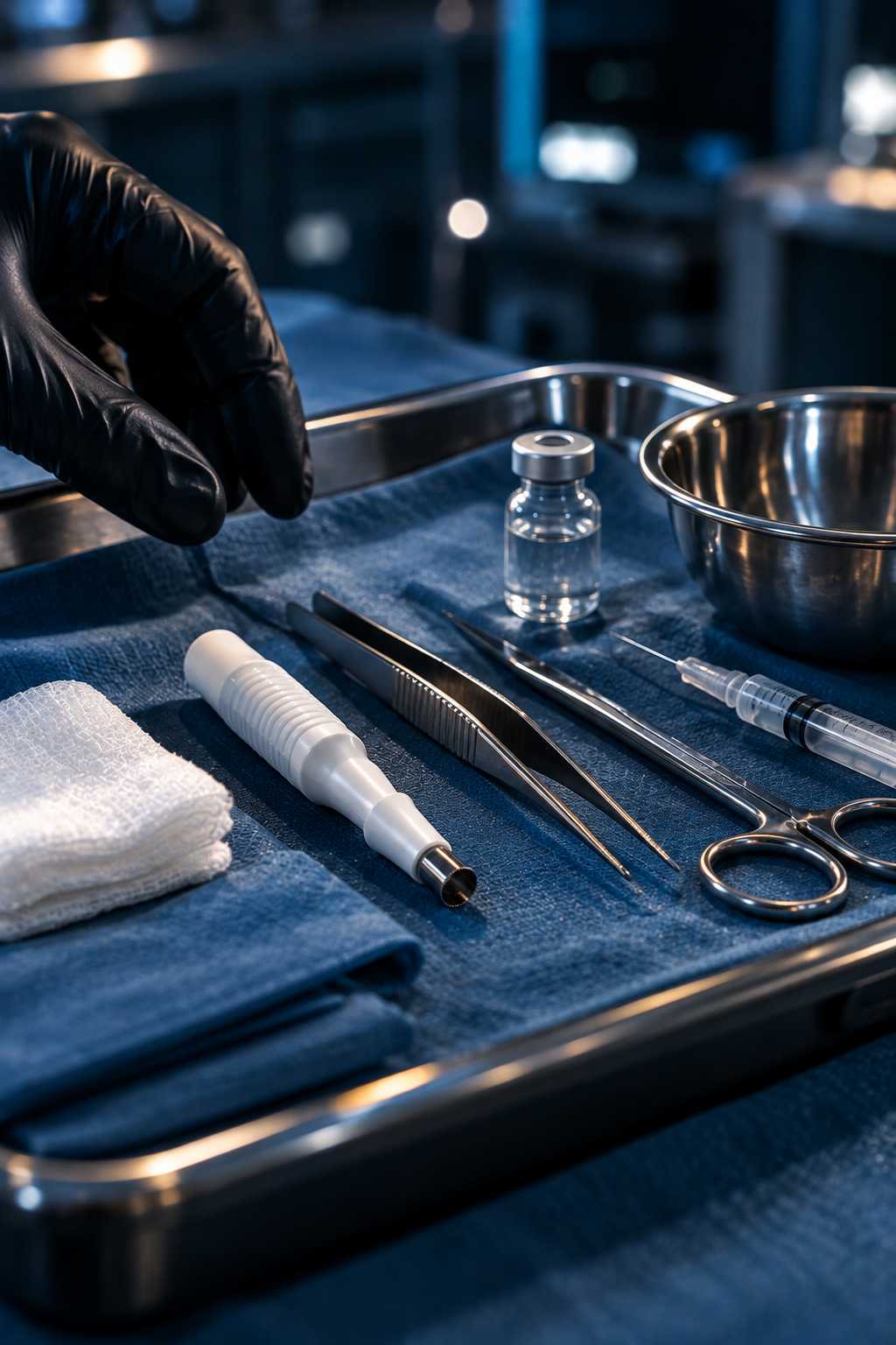 Mesa auxiliar estéril com materiais organizados