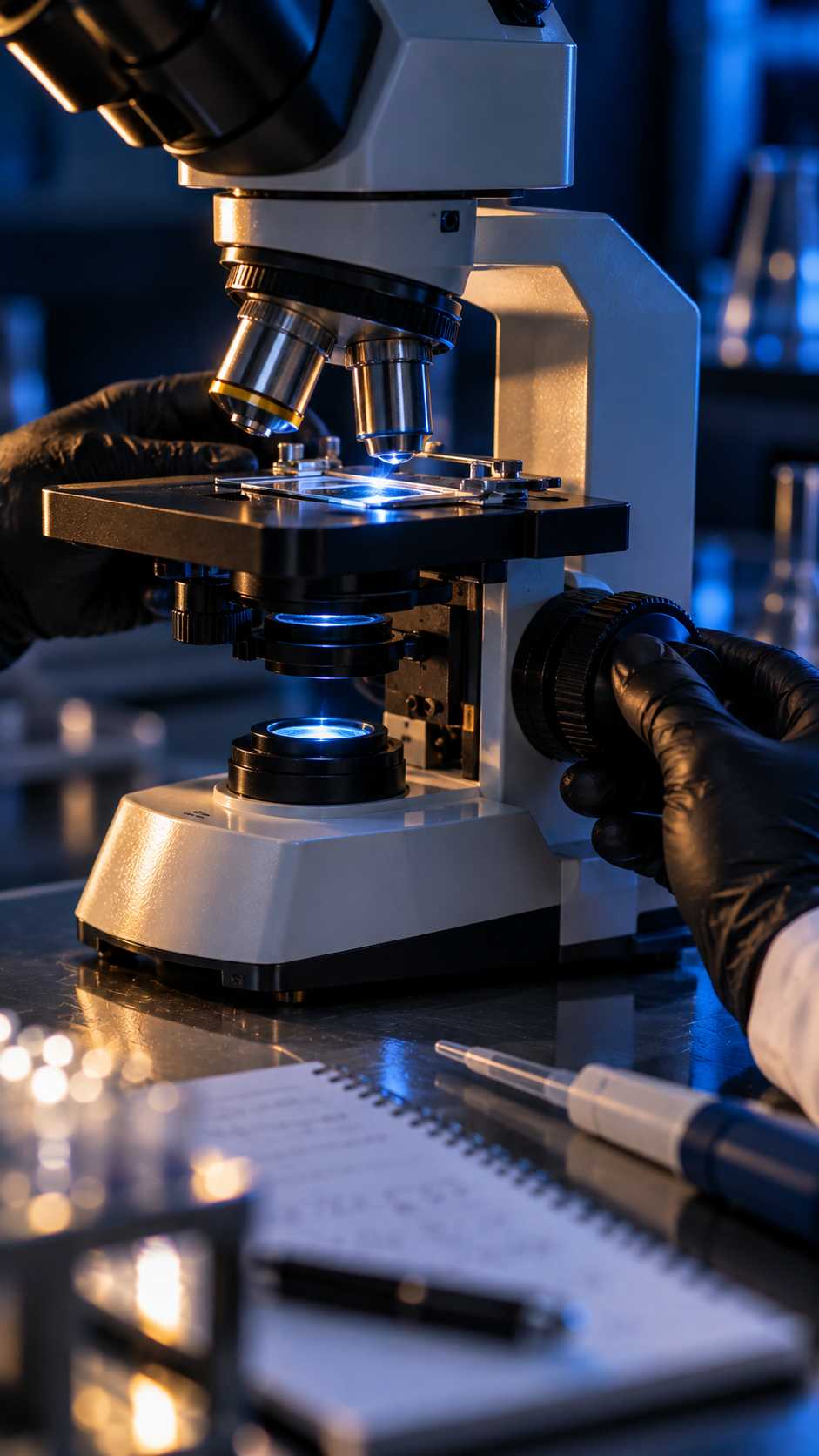 Mãos com luvas pretas ajustando um microscópio