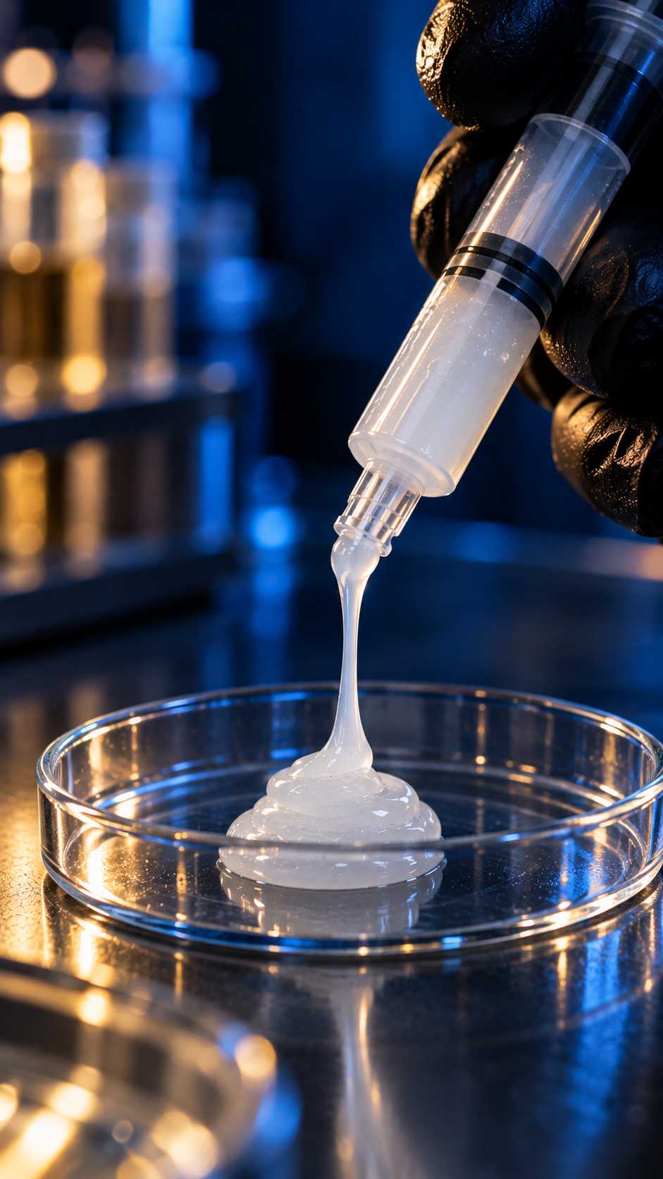 Seringa dispensando material em placa de Petri sobre bancada de laboratório