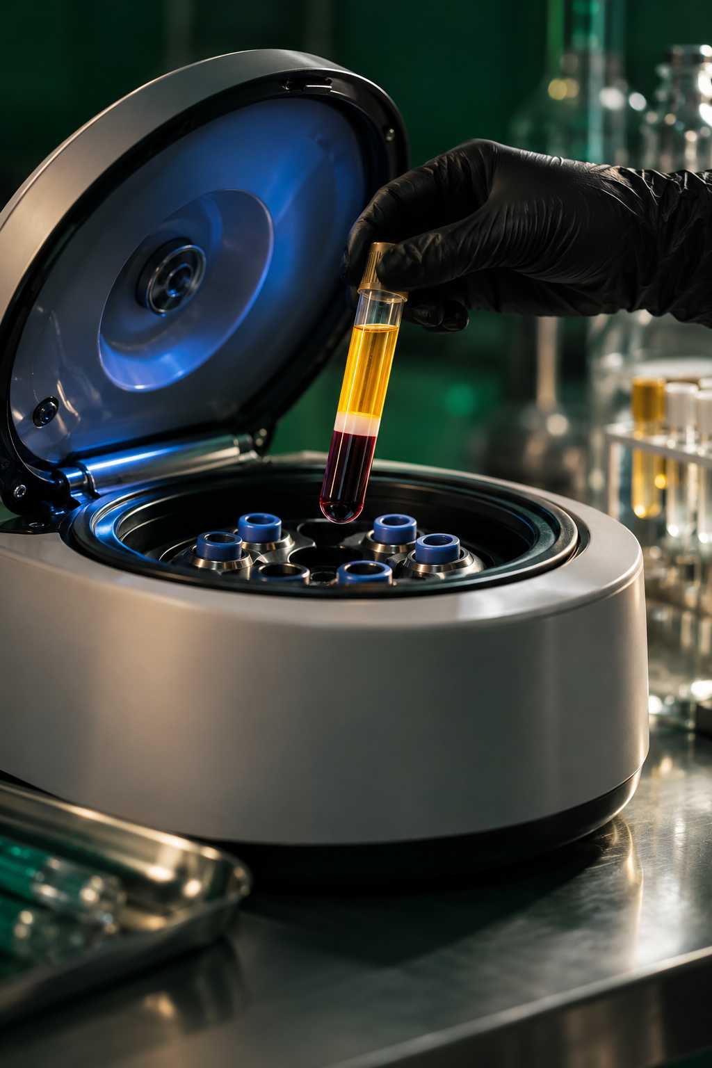 Centrífuga de bancada aberta com tubos em laboratório