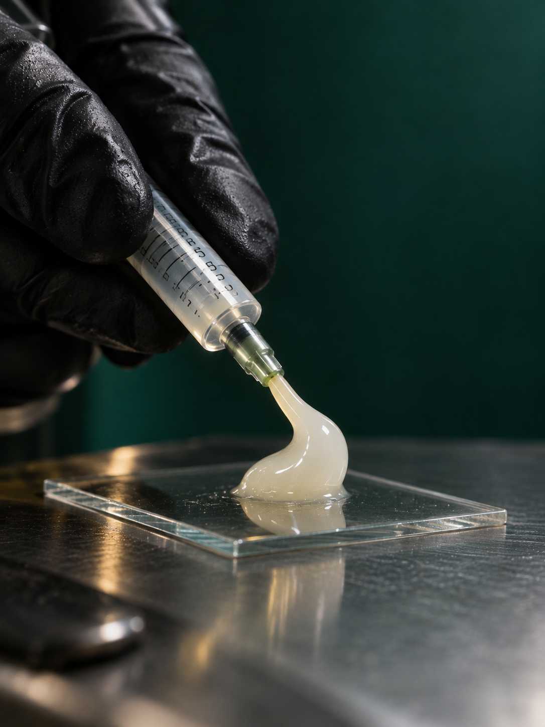 Plasma gel saindo de seringa sobre placa de vidro em bancada de laboratório